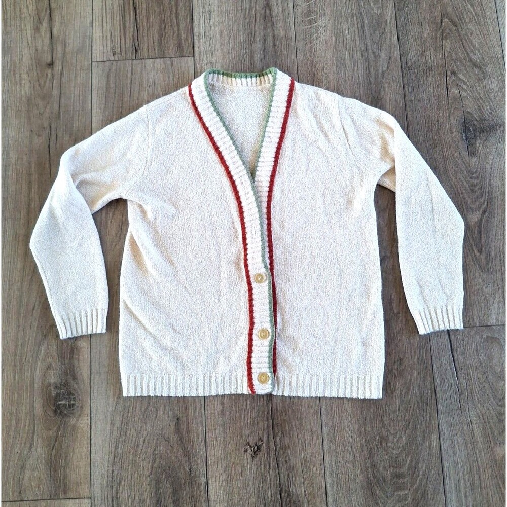 Vintage Women's Striped Cream Ivory Button Up Cardigan Size Medium *FLAWS*